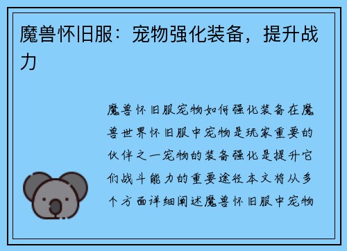 魔兽怀旧服：宠物强化装备，提升战力