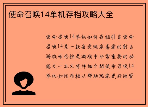 使命召唤14单机存档攻略大全